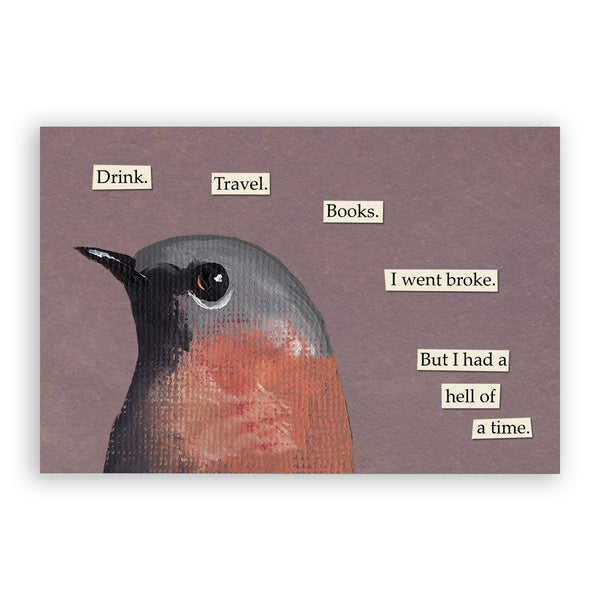 Postcard - Troubled Bird - Drink. Travel. Books. - 9076dri24 - Set of 24